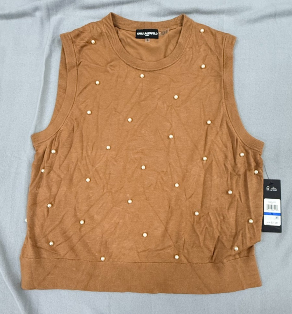 Karl Lagerfeld Paris XL Camel Brown Pearl Embellished Knit Sweater NWT